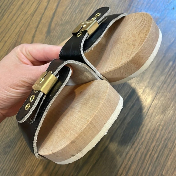 DR SCHOLLS Vintage 1980s black leather wooden The Original Sandal Exercise - Picture 10 of 14